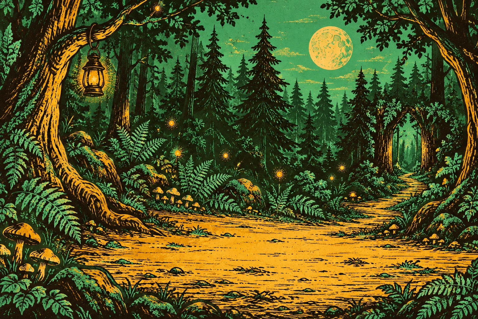 A hand-carved moonlit forest clearing