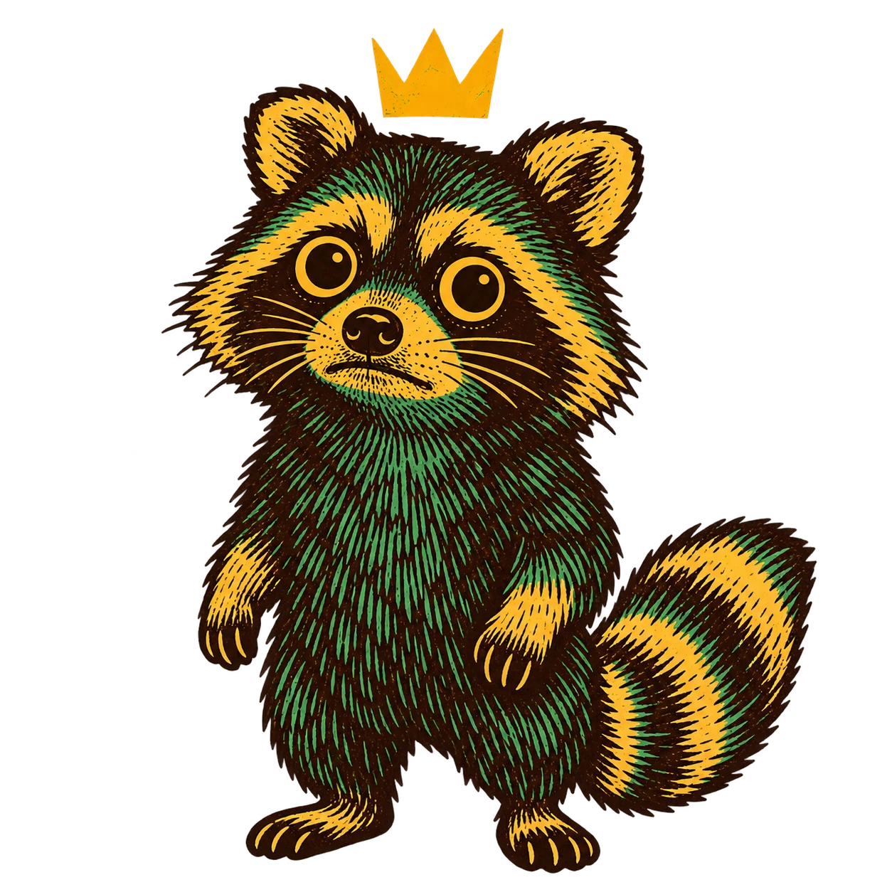 Crowncoon, a wide-eyed raccoon with a floating golden crown